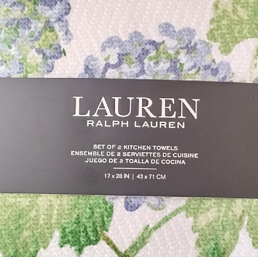 Ralph Lauren Kitchen Towel Set of 2 Blue Hydrangea Flowers 100% Cotton New
